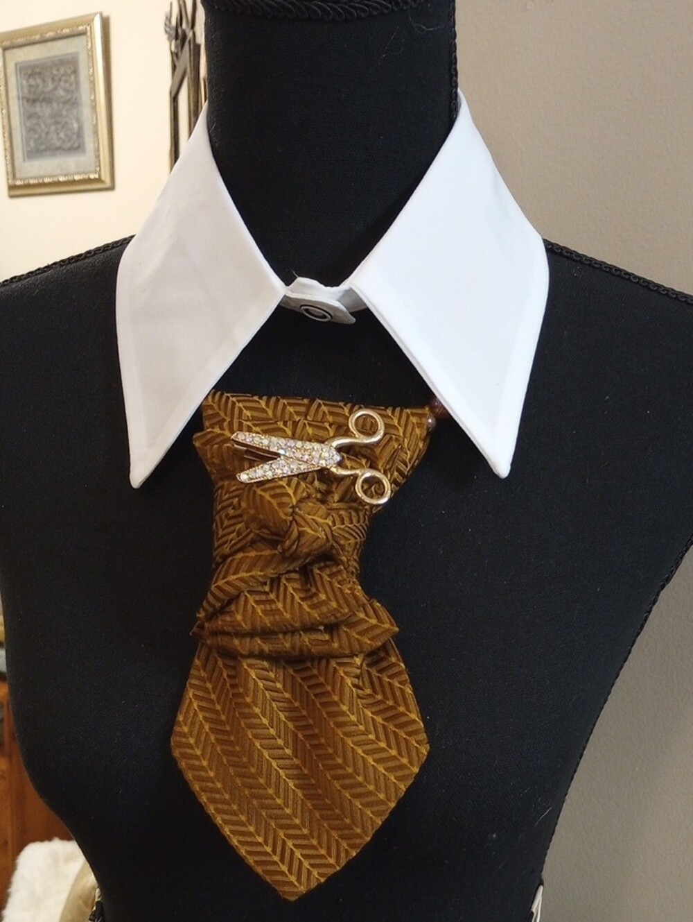 Gold-Brown Statement Women's tie Necklace with Scissor Pin